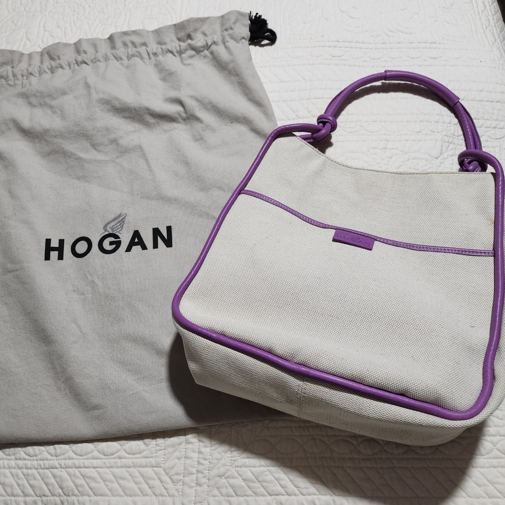 Hogan Italy Canvas Leather Shoulder Bag Purple Trim Off-White Hobo Tote Dust Bag